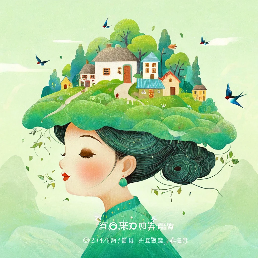 Digital illustration art, a comical illustration of a *********** adorned with many houses, trees, roots, a little swallow, etc. on her head. Her hair is composed of many houses and trees, and the background is green trees and hills (the background blends with the ***********'s hair). Surrounded on both sides, it evokes the charm of a charming rural landscape. White background, the whimpering sound of Chinese calligraphy, vivid Ferdinand du Puigaudeau, Victor nizovtsev, retro tones, sparkling, reflective, best number, 8K, high-definition, high-resolution, dual exposure, beautiful digital illustrations,