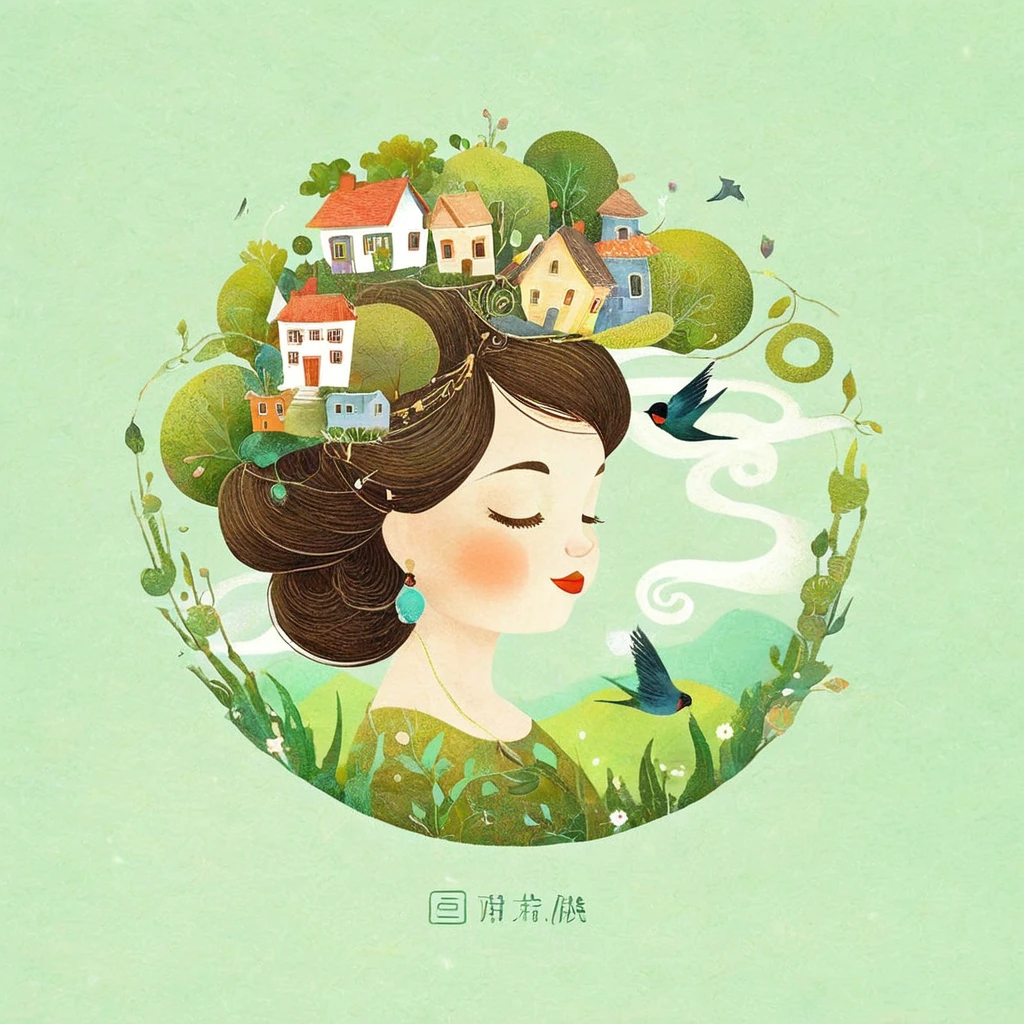 Digital illustration art, a comical illustration of a *********** adorned with many houses, trees, roots, a little swallow, etc. on her head. Her hair is composed of many houses and trees, and the background is green trees and hills (the background blends with the ***********'s hair). Surrounded on both sides, it evokes the charm of a charming rural landscape. White background, the whimpering sound of Chinese calligraphy, vivid Ferdinand du Puigaudeau, Victor nizovtsev, retro tones, sparkling, reflective, best number, 8K, high-definition, high-resolution, dual exposure, beautiful digital illustrations,