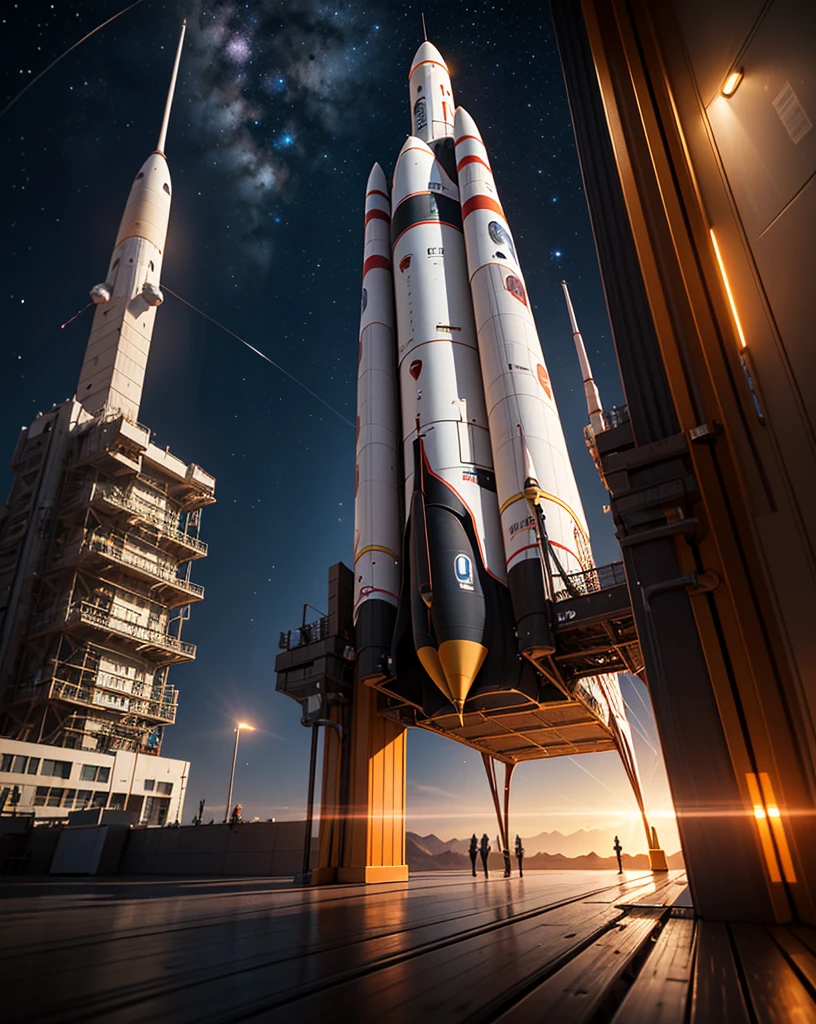 Create a detailed 3D model of a futuristic spaceship along with a mini rocket. The spaceship should have a sleek, aerodynamic design with a central body, wings, and a cockpit. The mini rocket should be designed as follows:

Structure:

Cylindrical body
A conical nose at the top
A functional door on the side for entry and exit
Four retractable landing legs for stable support on various terrains
Details:

The door should be positioned on the lower half of the rocket, large enough to allow a person to enter.
The landing legs should be evenly spaced around the base of the rocket, designed to retract during flight and extend for landing. They should have a robust, mechanical appearance with joints and supports.
Materials and Textures:

The body of the rocket should be made of a metallic material with a smooth, reflective surface.
The landing legs should have a combination of metal and reinforced composite materials to give them a sturdy, industrial look.
The door should have visible hinges and a locking mechanism, perhaps with a small window or control panel.
Lighting and Environment:

Position the spaceship and mini rocket on the surface of Mars at night.
Mars' terrain should be realistically depicted with rocky, reddish soil and craters.
The night sky should be filled with stars, and the scene should have low, ambient lighting to create a mysterious and futuristic atmosphere.
Soft lighting should be used to highlight the textures and details of both the spaceship and the mini rocket, with some illumination coming from the spaceship itself, such as lights around the landing area or from windows.