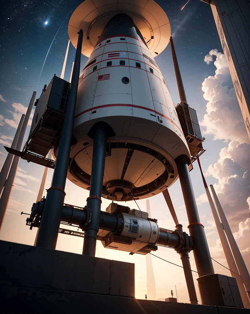 Create a detailed 3D model of a futuristic spaceship along with a mini rocket. The spaceship should have a sleek, aerodynamic design with a central body, wings, and a pit. The mini rocket should be designed as follows:
Structure:
Cylindrical body
A conical nose at the top
A functional door on the side for entry and exit
Four retractable landing legs for stable support on various terrains
Details:
The door should be positioned on the lower half of the rocket, large enough to allow a person to enter.
The landing legs should be evenly spaced around the base of the rocket, designed to retract during flight and extend for landing. They should have a robust, mechanical appearance with joints and supports.
Materials and Textures:
The body of the rocket should be made of a metallic material with a smooth, reflective surface.
The landing legs should have a combination of metal and reinforced composite materials to give them a sturdy, industrial look.
The door should have visible hinges and a locking mechanism, perhaps with a small window or control panel.
Lighting and Environment:
Position the spaceship and mini rocket on the surface of Mars at night.
Mars' terrain should be realistically depicted with rocky, reddish soil and craters.
The night sky should be filled with stars, and the scene should have low, ambient lighting to create a mysterious and futuristic atmosphere.
Soft lighting should be used to highlight the textures and details of both the spaceship and the mini rocket, with some illumination coming from the spaceship itself, such as lights around the landing area or from windows.