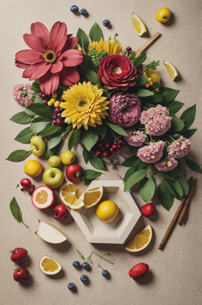 Make a composition with trees, flowers and fruits with geometric figures