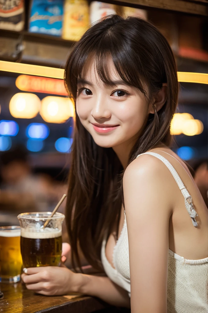 A very cute face like an idol、Looks like a young face、20-year-old female、Gentle and cute、A kind smile、、A crowded bar、Toast with a beer mug、Cinema lighting、Natural light、whole body、RAW Photos、Genuine、Artistic、(High level of artistry)、High quality that is indistinguishable from real life、realism、Real Stick、High resolution、masterpiece