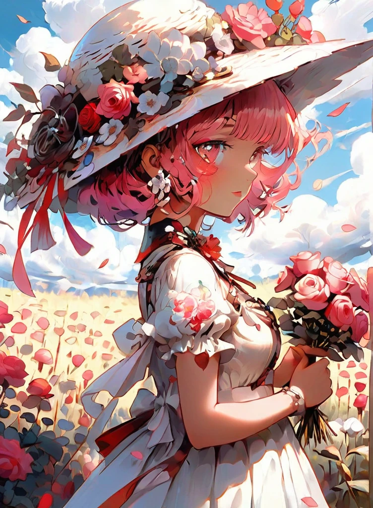 (masterpiece, best quality), 1girl, flower, solo, dress, holding, sky, cloud, hat, outdoors, bangs, bouquet, rose, expressionless, blush, pink hair, flower field, red flower, pink eyes, white dress, looking at viewer, midium hair, holding flower, small breasts, red rose, holding bouquet, sun hat, white headwear, depth of field,((full body)),