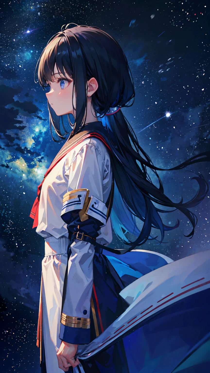 Girl staring at the stars,(Side view:1.4),Focused eyes,Perfect composition,,8K,Ultra-detailed,masterpiece,Accurate,More about pubic hair,