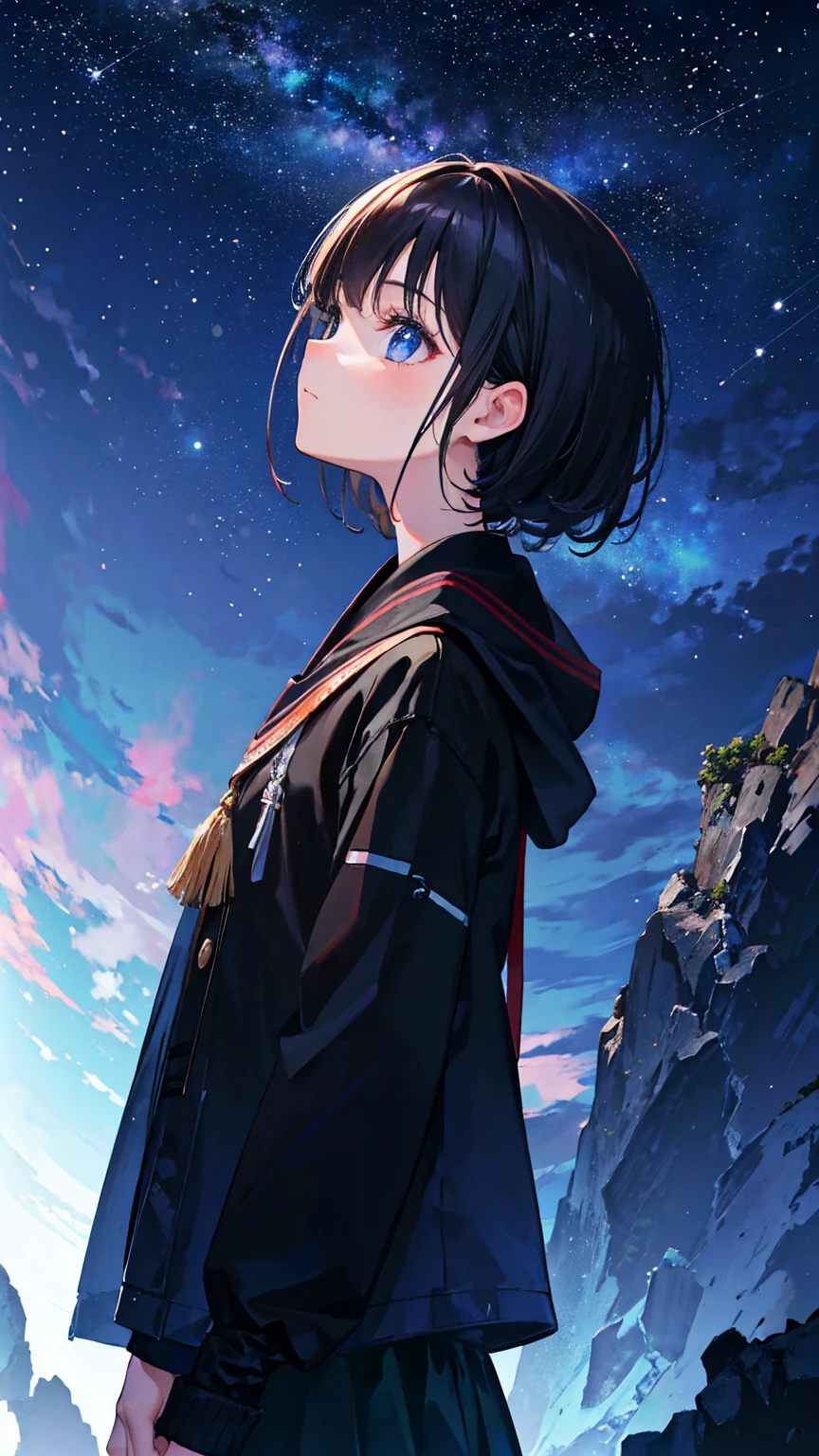 Girl staring at the stars，（Side view：1.4），Focused eyes，Perfect composition，，8K，Ultra-detailed，masterpiece，Accurate，More about pubic hair，