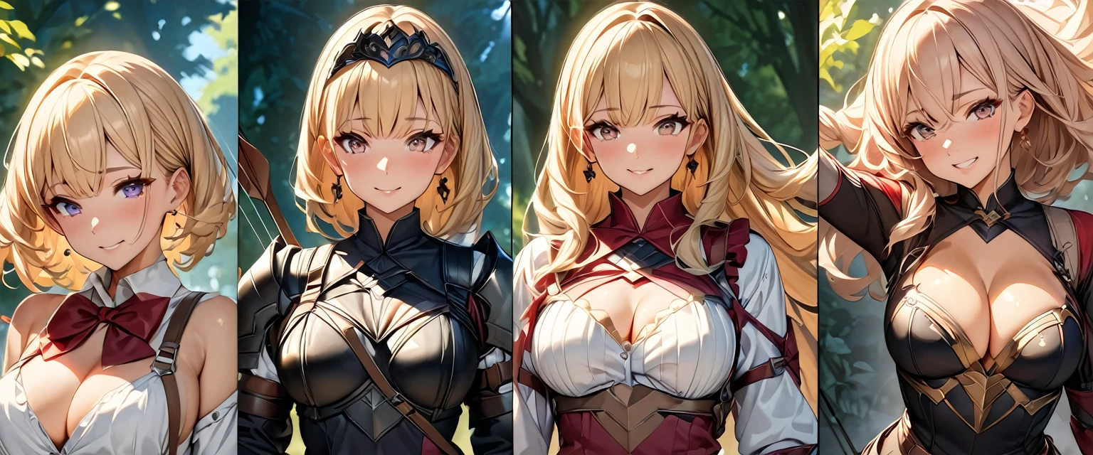 (Perfect Anatomy)、Mastepiece、Ultra High Quality、 8K、masterpiece、Highest quality、Ultra-high resolution、Maximum resolution、Very detailed、Professional Lighting、anime、Adult female、thin、so beautiful、Highly detailed eye、Highly detailed face、Armored Dress, Red and black armor, , Black decorated gorgeous tiara，Red earrings，Frilly Armor，Golden Hair, The tips of her hair are pink、Golden Eyes，White underwear、forest、Bow equipment, Equipped with a bow and arrow, female archer, Archer, Defeat the enemy on the battlefield, happy, 独奏 / 1girl、shoot a bow, Cleavage、Overall view