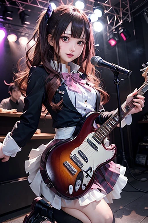 High school girl blazer、 uniform、Red checked knee-length skirt、Long skirt、JK Style、Jacket、smile、Knee-high socks、Thigh-high socks、pantyhose、A superb beauty、Super cute、ennui、Rare beauty、Black Dark Eyeshadow、Sad、Good skin glow、Long hair straightener、Dark Gothic Makeup、Dark Smile、Fragrant beauty、Stained glass background、Mastepiece、Best Quality、Refers to 5 books、Sweat glistening on my chest、Sweat glistening on my face、Small breasts、Dark pink hair、Age 22 years old、Slightly slim、Mysterious look、A sad expression、Pink Hair、mysterious gothic church、enchanting castle、Sweating profusely all over the body、A lot of sweat and light on the thighs、Shiny thighs、Plenty of sweat glistening on the thighs、A large amount of sweat glistens on my thighs、Sweating profusely、Gal、Small breasts、japanese face、Alluring expression、Thin thighs、Playing guitar、I have a guitar、Sing a song enthusiastically、Playing guitar in a band、Playing guitar chords、Live House Background、Sing a song、Open your mouth、Live house scenery、Mike stand、Glamorous live stage、Dynamic Angle、Platform boots、