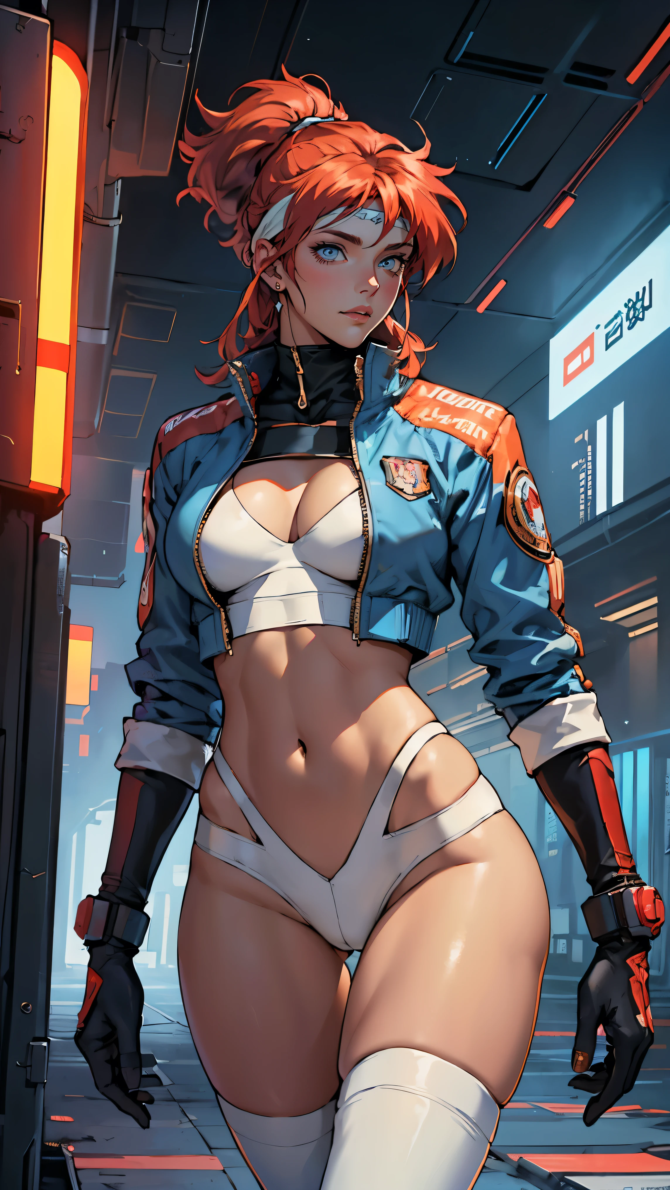 ((Masterpiece, highest quality; 1.3)), super quality, beautiful detail, super detailed, extra fine, 16K, exquisite, absurd, high resolution, beautiful background, detailed background, beautiful eyes, beautiful skin, anime style, Kay from Dirty Pair in a white outfit, tight outfit, cleavage, bushy redhead beauty, very light blue uniform, wearing tight clothes, skimpy, (mid chest: 1.2), cleavage, cleavage, slim waist , thin waist, slim thighs, thin legs, slim legs. thigh gap, showing stomach, skinny, thin hips, cyberpunk city background, retro space gun holding, headband,