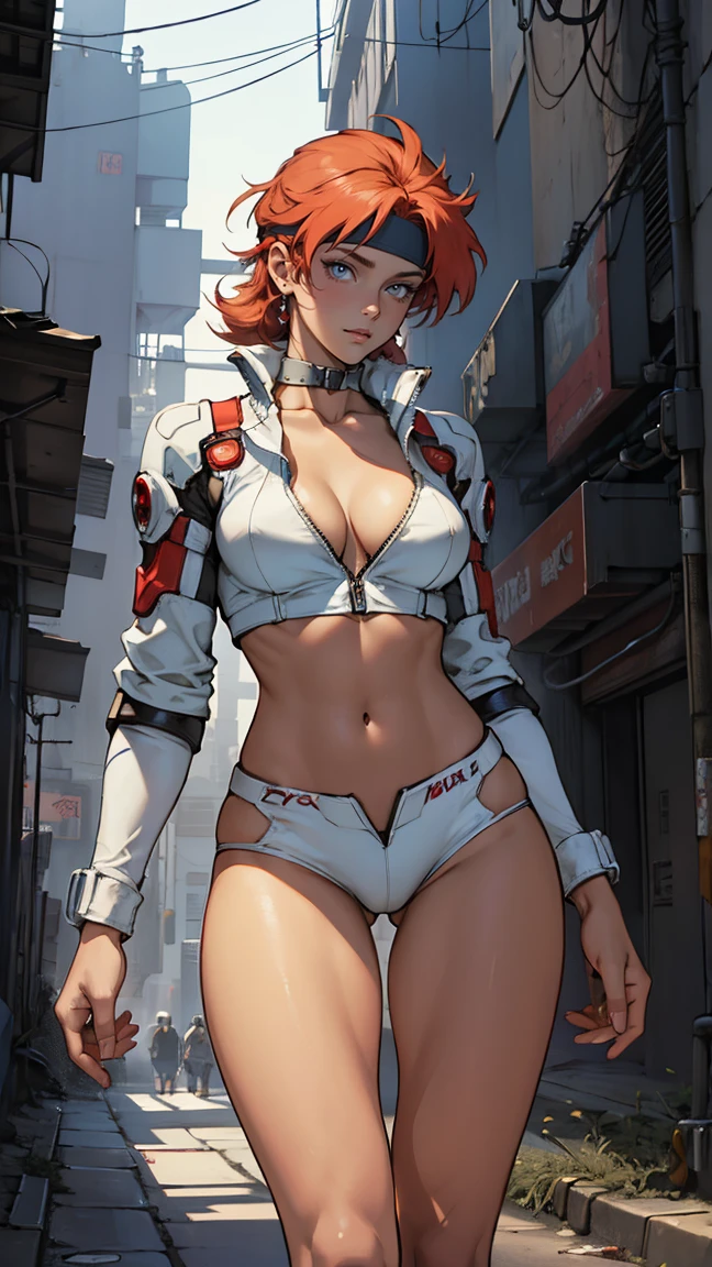 ((Masterpiece, highest quality; 1.3)), super quality, beautiful detail, super detailed, extra fine, 16K, exquisite, absurd, high resolution, beautiful background, detailed background, beautiful eyes, beautiful skin, anime style, Kay from Dirty Pair in a white outfit, tight outfit, , bushy redhead beauty, very light blue uniform, wearing tight clothes, , (mid : 1.2), , , slim waist , thin waist, slim thighs, thin legs, slim legs. thigh gap, showing stomach, skinny, thin , cyberpunk city background, retro space gun holding, headband, 