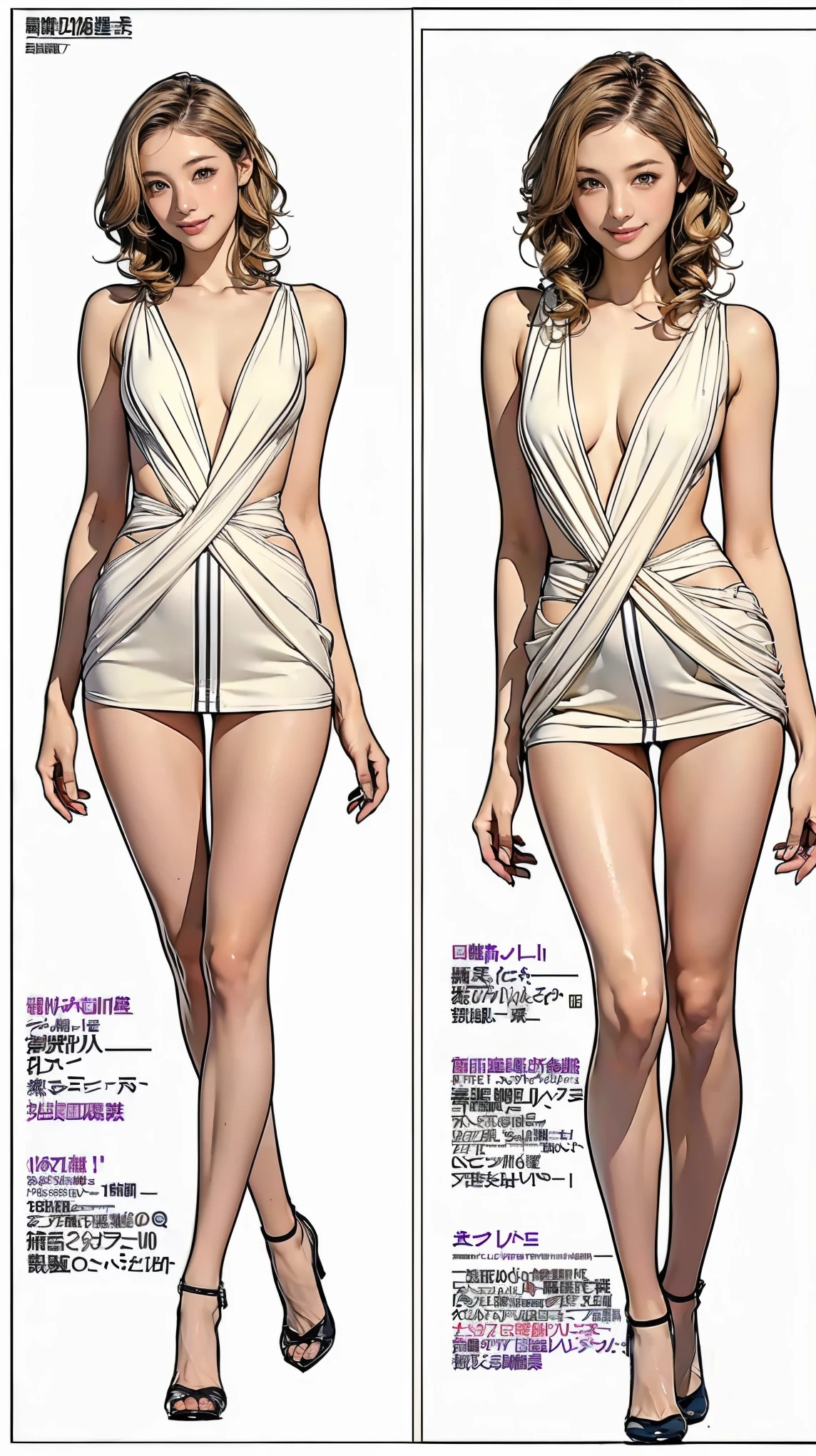 ((masterpiece)),(((Highest quality))),((Character design sheet)),Thin thighs,Long legs,(A very cute 20 year old young woman from Japan.),  ((Fine hair that is somewhere between brown and blonde)), ((Short hair with messy side waves)),(((Slim and slender figure)))，Medium bust size､Small breasts､ (((Clean your hands)))，(curly/Twisted Hair)，(((A very kind smile))), (((She's wearing random colored lacy )))，(((She's wearing a random color ))) ((Highest quality, 16km race, Flying debris: 1.3)), The light shines on your face, Highly detailed face, Highly detailed lips, Beautiful Eyes,
