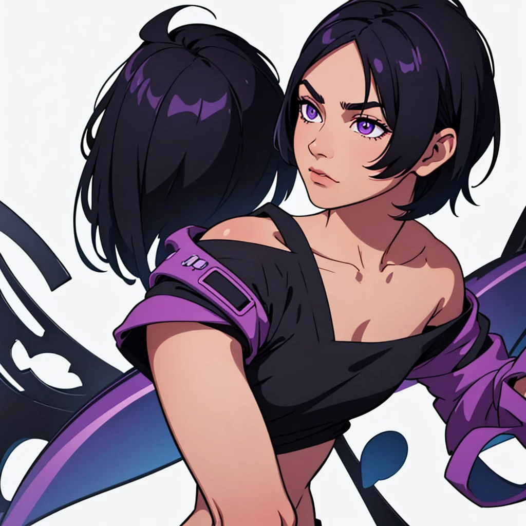 Black hair in a ponytail、Beautiful 25 year old Japan woman, white skin, double eyelid、serious expression, smile a little、Wearing a black and purple ninja costume, valley、waist up shot, dynamic pose, environmental lighting, photorealism, intricate face details, intricate hand details, very detailed, bright colors, cinematic, High resolution, Art Station Trends - Style Row