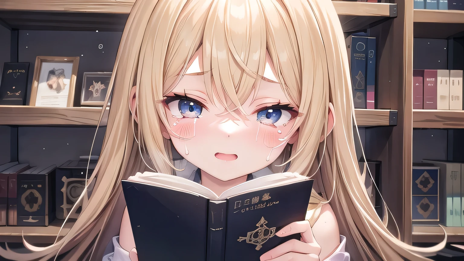 ((Highest quality)), ((masterpiece)), (detailed), One girl, library、Reading a book、Crying and laughing、blonde、Smooth Hair、Close ~ eyes、