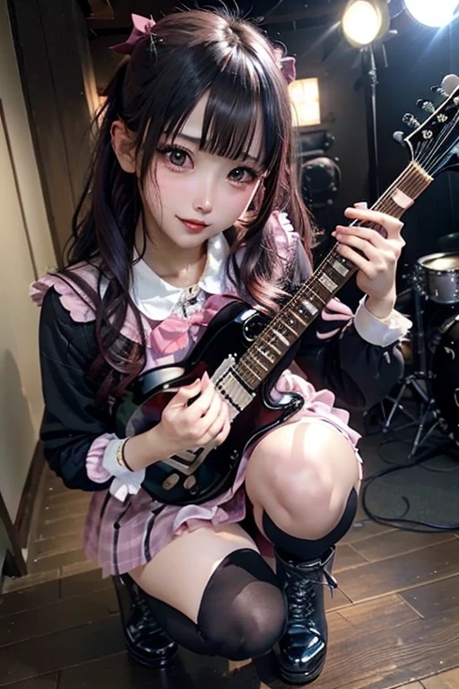High school girl blazer、 uniform、Red checked knee-length skirt、Long skirt、JK Style、Jacket、smile、Knee-high socks、Thigh-high socks、pantyhose、A superb beauty、Super cute、ennui、Rare beauty、Black Dark Eyeshadow、Sad、Good skin glow、Long hair straightener、Dark Gothic Makeup、Dark Smile、Fragrant beauty、Stained glass background、Mastepiece、Best Quality、Refers to 5 books、Sweat glistening on my chest、Sweat glistening on my face、Small breasts、Dark pink hair、Age 22 years old、Slightly slim、Mysterious look、A sad expression、Pink Hair、mysterious gothic church、enchanting castle、Sweating profusely all over the body、A lot of sweat and light on the thighs、Shiny thighs、Plenty of sweat glistening on the thighs、A large amount of sweat glistens on my thighs、Sweating profusely、Gal、Small breasts、japanese face、Alluring expression、Thin thighs、Playing guitar、I have a guitar、Sing a song enthusiastically、Playing guitar in a band、Playing guitar chords、Live House Background、Sing a song、Open your mouth、Live house scenery、Mike stand、Glamorous live stage、Dynamic Angle、Platform boots、