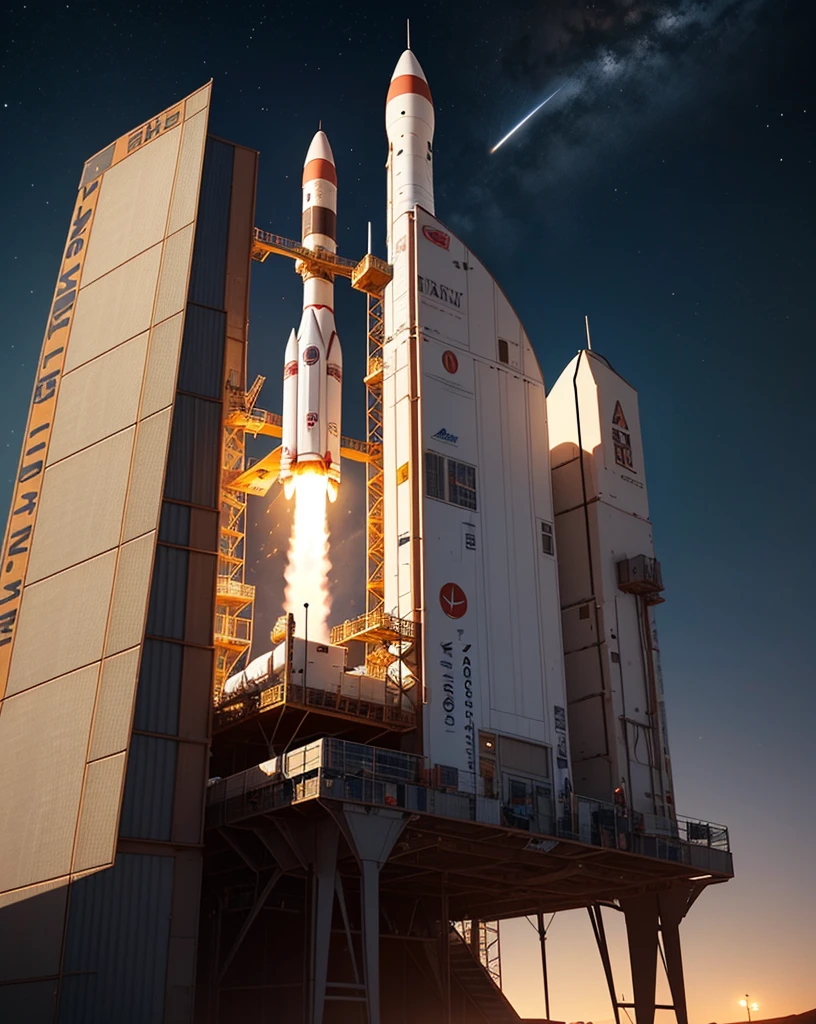 Create a detailed 3D model of a futuristic spaceship along with a mini rocket. The spaceship should have a sleek, aerodynamic design with a central body, wings, and a cockpit. The mini rocket should be designed as follows:

Structure:

Cylindrical body
A conical nose at the top
A functional door on the side for entry and exit
Four retractable landing legs for stable support on various terrains
Details:

The door should be positioned on the lower half of the rocket, large enough to allow a person to enter.
The landing legs should be evenly spaced around the base of the rocket, designed to retract during flight and extend for landing. They should have a robust, mechanical appearance with joints and supports.
Materials and Textures:

The body of the rocket should be made of a metallic material with a smooth, reflective surface.
The landing legs should have a combination of metal and reinforced composite materials to give them a sturdy, industrial look.
The door should have visible hinges and a locking mechanism, perhaps with a small window or control panel.
Lighting and Environment:

Position the spaceship and mini rocket on the surface of Mars at night.
Mars' terrain should be realistically depicted with rocky, reddish soil and craters.
The night sky should be filled with stars, and the scene should have low, ambient lighting to create a mysterious and futuristic atmosphere.
Soft lighting should be used to highlight the textures and details of both the spaceship and the mini rocket, with some illumination coming from the spaceship itself, such as lights around the landing area or from windows.