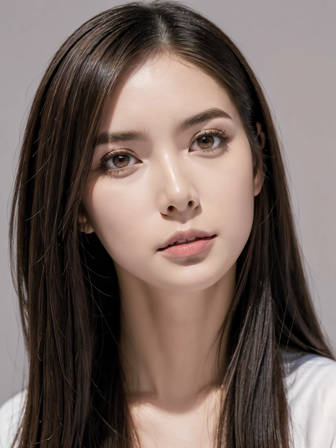 ((perfect proportions)), ((small head:1.4), anatomically correct), (the most absurd quality perfect eyes), ((beautiful slim and sharp-face:1.2), super detailed:1.2), (light pale complexion), ((clear and sharp perfect round realistic brown_eyes:1.3), Insanely detailed:1.3), finely detailed pupils, detailed lips:1.3, impeccable body posture, upright, self-confident, telephoto lens, Background gray, Plain grey background, (the most absurd quality), (masterpiece),
