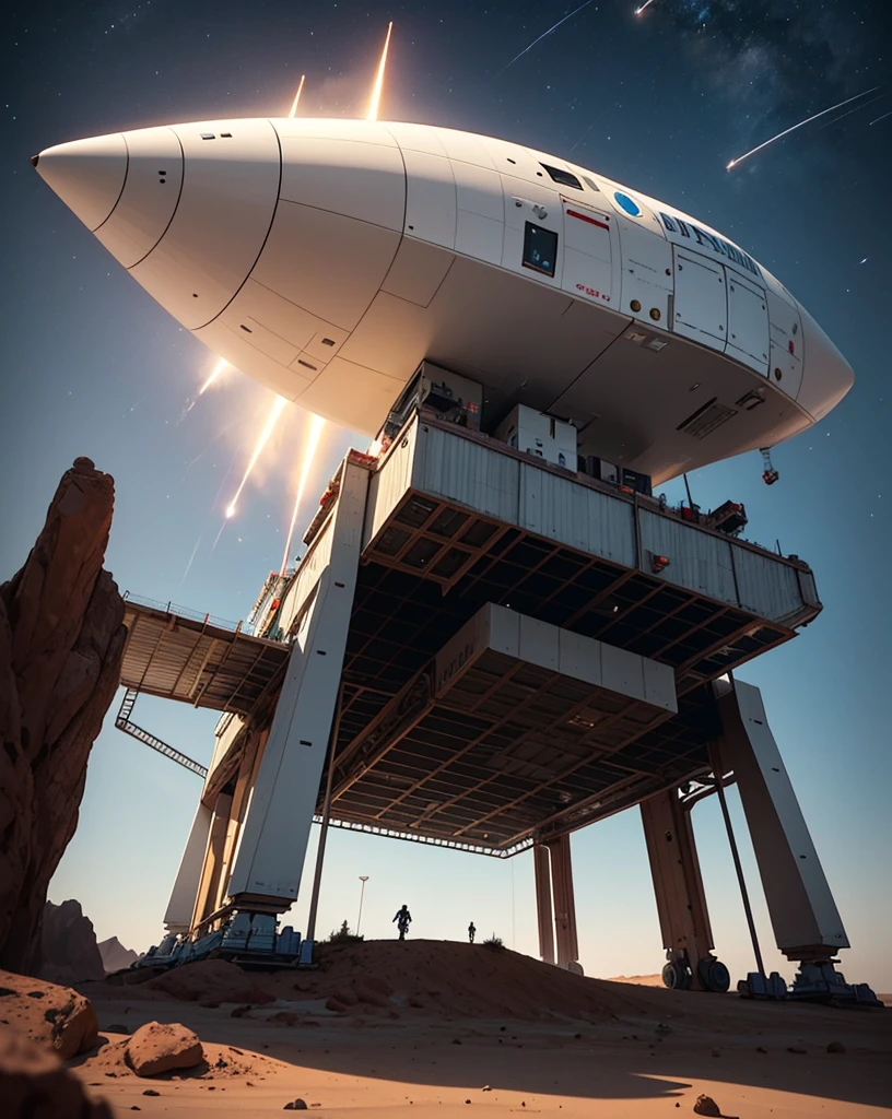 Create a detailed 3D model of a futuristic spaceship along with a mini rocket. The spaceship should have a sleek, aerodynamic design with a central body, wings, and a cockpit. The mini rocket should be designed as follows:
Structure:
Cylindrical body
A conical nose at the top
A functional door on the side for entry and exit
Four retractable landing legs for stable support on various terrains
Details:
The door should be positioned on the lower half of the rocket, large enough to allow a person to enter.
The landing legs should be evenly spaced around the base of the rocket, designed to retract during flight and extend for landing. They should have a robust, mechanical appearance with joints and supports.
Materials and Textures:
The body of the rocket should be made of a metallic material with a smooth, reflective surface.
The landing legs should have a combination of metal and reinforced composite materials to give them a sturdy, industrial look.
The door should have visible hinges and a locking mechanism, perhaps with a small window or control panel.
Lighting and Environment:
Position the spaceship and mini rocket on the surface of Mars at night.
Mars' terrain should be realistically depicted with rocky, reddish soil and craters.
The night sky should be filled with stars, and the scene should have low, ambient lighting to create a mysterious and futuristic atmosphere.
Soft lighting should be used to highlight the textures and details of both the spaceship and the mini rocket, with some illumination coming from the spaceship itself, such as lights around the landing area or from windows.