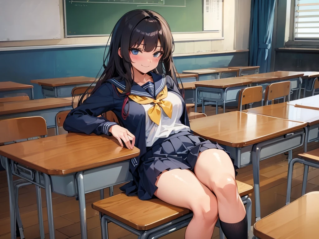 high school girl、Dressed in high 、School classroom、(Big Breasts)、((独奏))、(((alone)))、smirk,Cheek resting on hand、Crossing legs