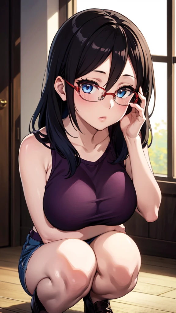 ((best quality)),((highly detailed)),masterpiece,absurdres,detailed face,beautiful face,(detailed eyes, deep eyes),1girl,((Squat pose)),  Asuka, kitauji high , solo, glasses, black hair, , long hair, blue eyes, red-framed eyewear, looking at viewer, blush, over-rim eyewear, window, semi-rimless eyewear, cowboy shot, show natural big breast, show clavage, big thigh, only wearing black short croptop, hair between eyes, expressionless, indoors