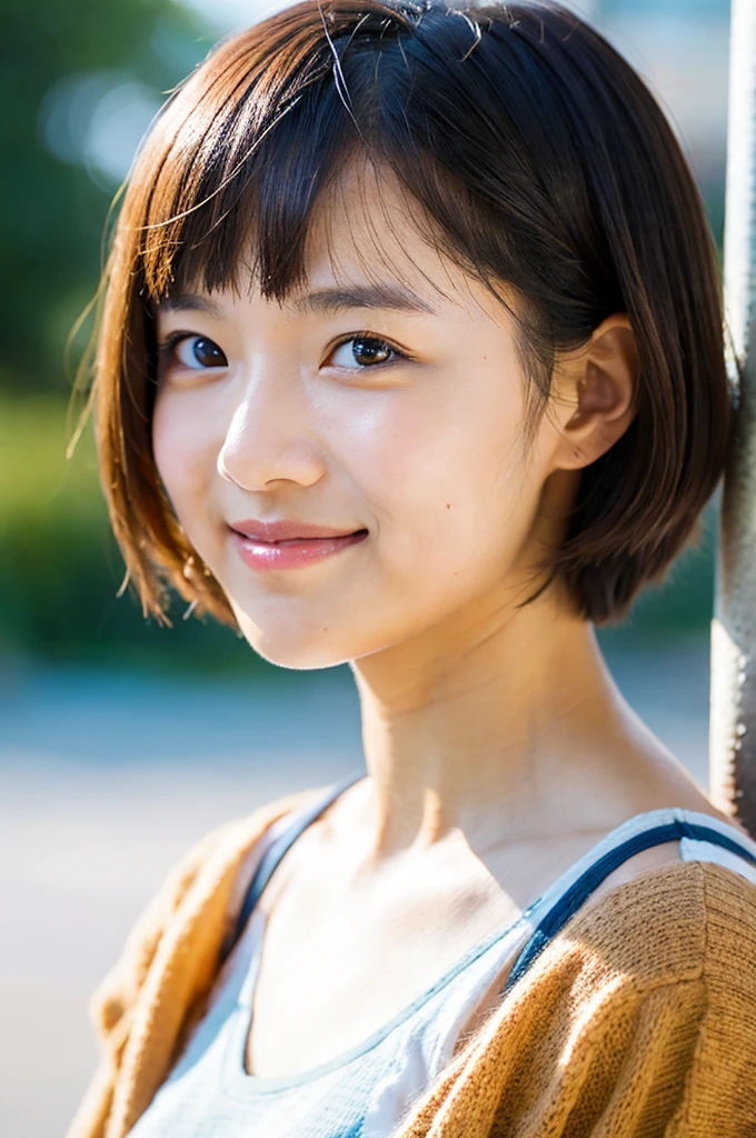 masutepiece, Best Quality, 8K, 1girl in, Good Hand, 14 yo, close up of face, Lively, Active, Life Force, Luminescent, Looking away, Raw photo, F/1.8, 135 mm, NIKON, Anatomically correct, Bokeh,Textured skin, Professional Photography, Portrait, Soft light, Professional Lighting, Solo, (Smile), Cute, Girly, film grain, (Eyes and faces with detailed:1.0), Brown hair, Short hair swaying in the wind, Bangs