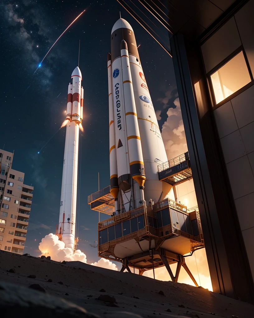 Create a detailed 3D model of a futuristic spaceship along with a mini rocket. The spaceship should have a sleek, aerodynamic design with a central body, wings, and a cockpit. The mini rocket should be designed as follows:

Structure:

Cylindrical body
A conical nose at the top
A functional door on the side for entry and exit
Four retractable landing legs for stable support on various terrains
Details:

The door should be positioned on the lower half of the rocket, large enough to allow a person to enter.
The landing legs should be evenly spaced around the base of the rocket, designed to retract during flight and extend for landing. They should have a robust, mechanical appearance with joints and supports.
Materials and Textures:

The body of the rocket should be made of a metallic material with a smooth, reflective surface.
The landing legs should have a combination of metal and reinforced composite materials to give them a sturdy, industrial look.
The door should have visible hinges and a locking mechanism, perhaps with a small window or control panel.
Lighting and Environment:

Position the spaceship and mini rocket on the surface of Mars at night.
Mars' terrain should be realistically depicted with rocky, reddish soil and craters.
The night sky should be filled with stars, and the scene should have low, ambient lighting to create a mysterious and futuristic atmosphere.
Soft lighting should be used to highlight the textures and details of both the spaceship and the mini rocket, with some illumination coming from the spaceship itself, such as lights around the landing area or from windows.