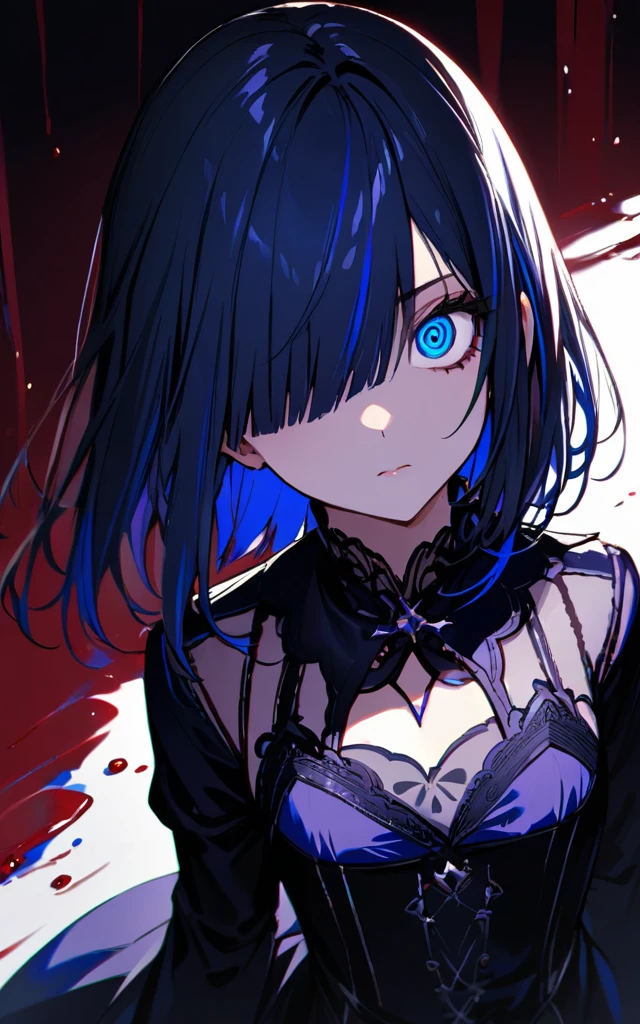 (masterpiece)、(absurdres)、(ultra detailed),Crazy Eyes、despair、Dark Side、closed mouth,Blood droplets、darkness,Blood pool space、Blood dripping background:1.3、solo girl、slender:1.1、shiny ultramarine hair、straight hair、short bobcut:1.1、hair covering one eye:1.1、small breast:0.8、ultramarine eyes:1.2、irisless eyes:1.1、white gothic dress,black detailed,birds-eye angle,