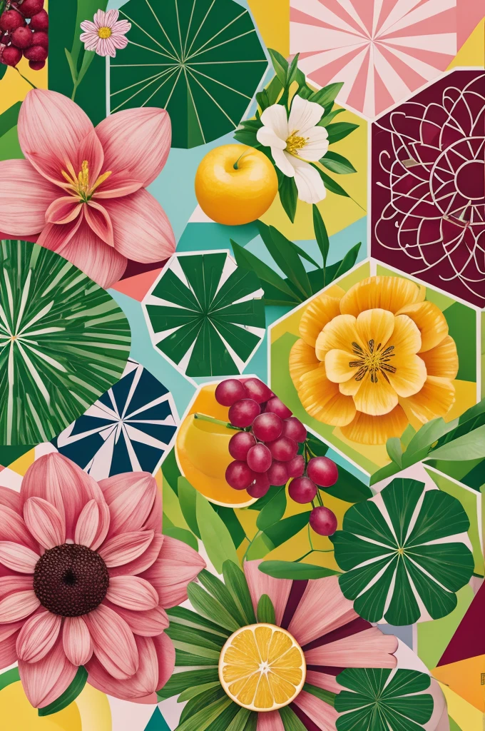 Make a composition with trees, flowers and fruits with geometric figures 