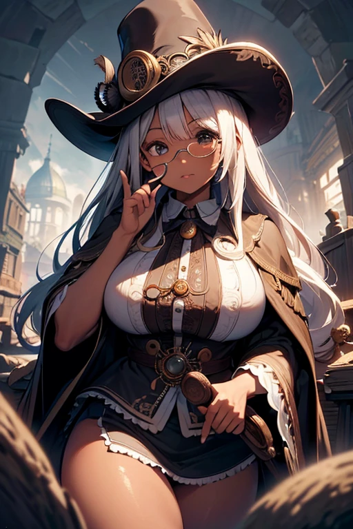 (masterpiece:1.2),Detailed explanation, Awards, high quality, High resolution, HD, 4K,8K,high quality,(professional illustration:1.1),(Chewy breasts,tender breasts:1.3),Thighs focus,(dark skin:1.2),white hair,(li:1.1),cape,poncho,Fuzz hair,Flowing hair,military uniform,Alchemist,huge wizard hat,(hide your eyes with a hat),intricate details,elaborate embroidery,long paleo,(monocle:1.3),odd eye,pov,Junk pile,