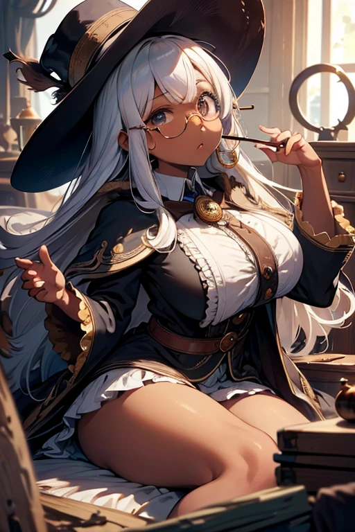 (masterpiece:1.2),Detailed explanation, Awards, high quality, High resolution, HD, 4K,8K,high quality,(professional illustration:1.1),(Chewy breasts,tender breasts:1.3),Thighs focus,(dark skin:1.2),white hair,(****:1.1),cape,poncho,Fuzz hair,Flowing hair,military uniform,Alchemist,huge wizard hat,(hide your eyes with a hat),intricate details,elaborate embroidery,long paleo,(monocle:1.3),odd eye,pov,Junk pile,