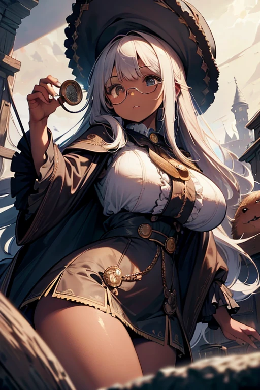 (masterpiece:1.2),Detailed explanation, Awards, high quality, High resolution, HD, 4K,8K,high quality,(professional illustration:1.1),(Chewy breasts,tender breasts:1.3),Thighs focus,(dark skin:1.2),white hair,(****:1.1),cape,poncho,Fuzz hair,Flowing hair,military uniform,Alchemist,huge wizard hat,(hide your eyes with a hat),intricate details,elaborate embroidery,long paleo,(monocle:1.3),odd eye,pov,Junk pile,