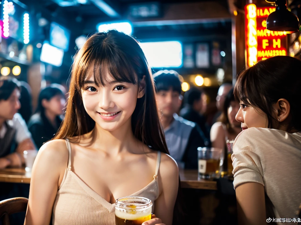 A very cute face like an idol、Looks like a young face、20-year-old female、Gentle and cute、A kind smile、Cleavage、A crowded bar、Toast with a beer mug、Cinema lighting、Natural light、whole body、RAW Photos、Genuine、Artistic、(High level of artistry)、High quality that is indistinguishable from real life、realism、Real Stick、High resolution、masterpiece