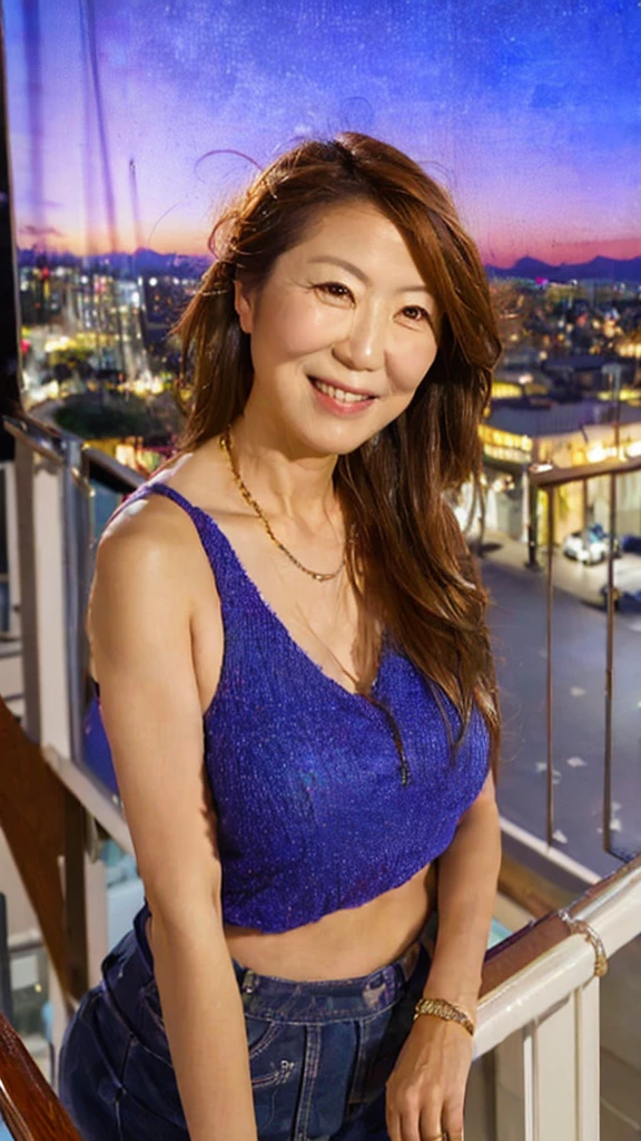 ((Highest quality, 8K, Ultra high definition)), ((masterpiece: 1.3)), (Perfect appearance), (Photorealism: 1.6), (JMA), (PG), (1人のJapanese Mature), (60 years old, Japanese Mature), (A Japanese woman standing on a balcony looking at the night view: 1.6), (Sideways figure of a woman: 1.4), (Only the face turns around: 1.4), (Late Night: 1.2), ((A woman standing at the edge of the screen: 1.6)), (Standing with both elbows leaning on the railing: 1.2), Slightly parted lips, A gentle smile, (Straight short hair), (camisole), (Bust up portrait: 1.4),