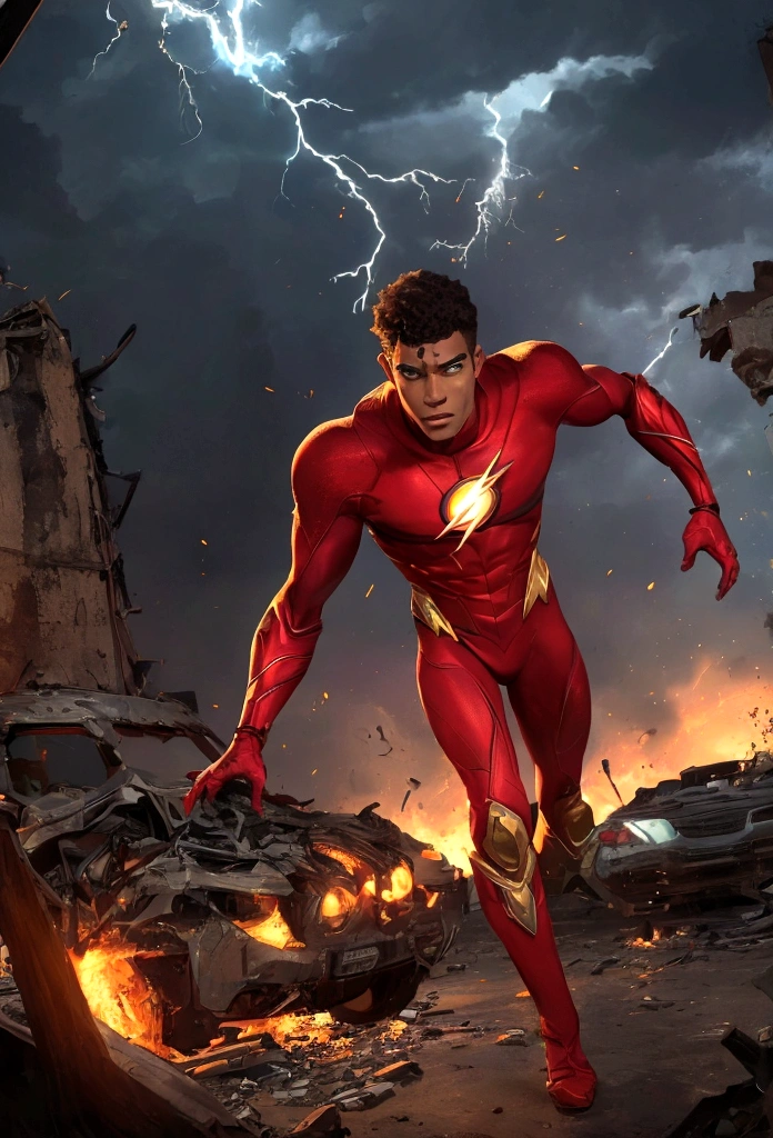 A realistic depiction of a 22-year-old African American Barry Allen, a.k.a. The Flash, running through an apocalyptic world, determined to save the universe from evil villains. Hyper-realistic, focusing on detailed textures and lifelike portrayal. Emphasis on the intensity and urgency of Barry's mission with dramatic lighting and atmospheric effects.A devastated urban landscape, the remnants of a once-great city now in ruins. Skyscrapers are partially collapsed, vehicles are abandoned and overturned, and fires rage unchecked. The sky is a tumultuous mix of dark storm clouds and lightning, casting an eerie glow over the scene.Barry Allen, captured in mid-run. His figure is sharply focused, showing every muscle and expression in vivid detail. His face shows determination and resolve, eyes set straight ahead as he races against time.A young African American man with short, tightly curled hair and an athletic build. He wears a meticulously detailed version of the Flash suit, designed with a realistic texture that suggests advanced materials and wear from previous battles. The suit is primarily red with gold accents, slightly battle-worn, but still functional.Arcs of lightning in shades of red and gold trail behind Barry, illustrating the immense speed and power he commands. The ground beneath him cracks and sparks as he runs, emphasizing the force of his movement.In the background, vague shapes of menacing villains loom, shrouded in smoke and shadows. Their presence adds a palpable sense of danger and urgency. Other elements of chaos, like flying debris and shattered glass, further enhance the apocalyptic feel.The scene is charged with tension and energy, a world on the brink of collapse but with a glimmer of hope embodied by Barry.The contrast between the dark, ruined environment and the bright, electrifying presence of Barry underscores his role as a beacon of hope.