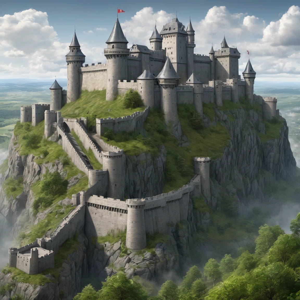 (best quality)), ((masterpiece)), ((realistic,digital art)), (super detailed), gigantic fortress on top of a hill, (gigantesques tours de grise massives), gigantic fortified gray ramparts, (medieval fantasy style), (Nordic style), gigantic fortified gray ramparts