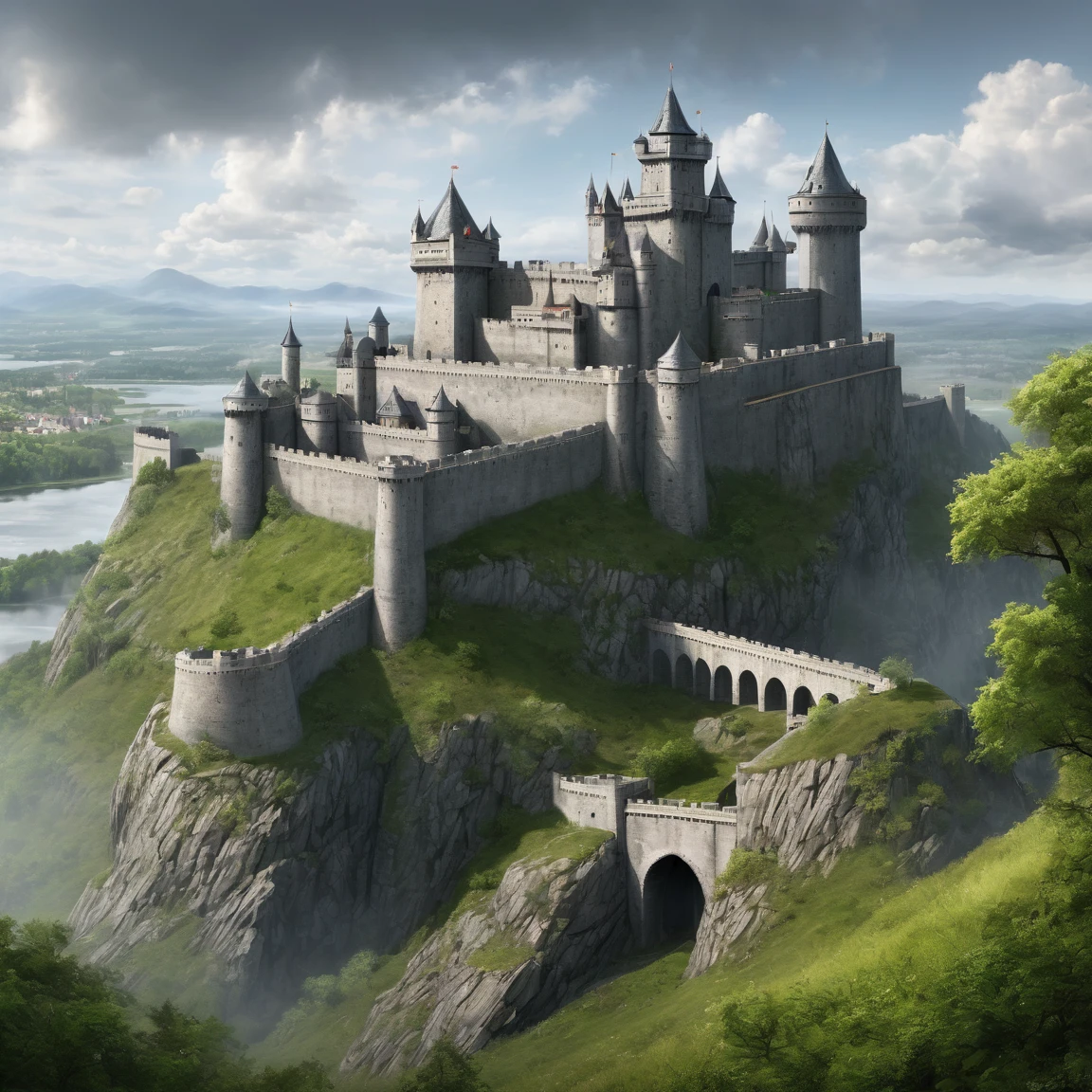 (best quality)), ((masterpiece)), ((realistic,digital art)), (super detailed), gigantic fortress on top of a hill, (gigantesques tours de grise massives), gigantic fortified gray ramparts, (medieval fantasy style), (Nordic style), gigantic fortified gray ramparts