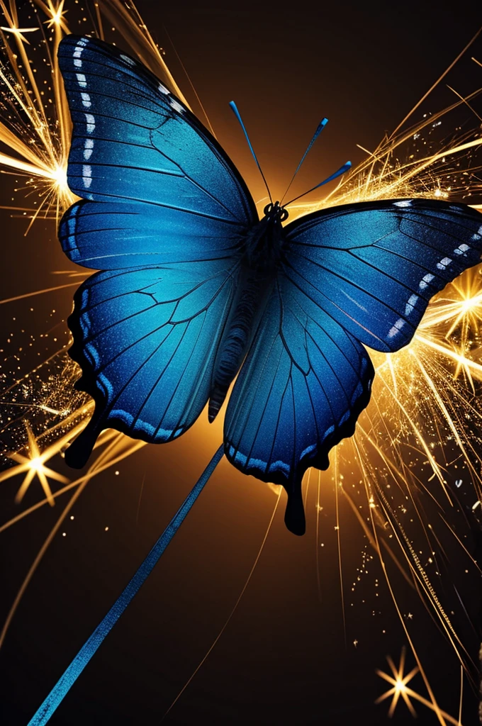 A butterfly of intense blue color with sparks of golden sparkles