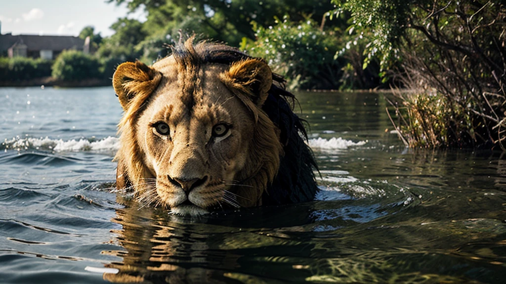 COVER FOR A MUSIC ALBUM TITLE SUBMERGED A LION IMMERSED IN WATER