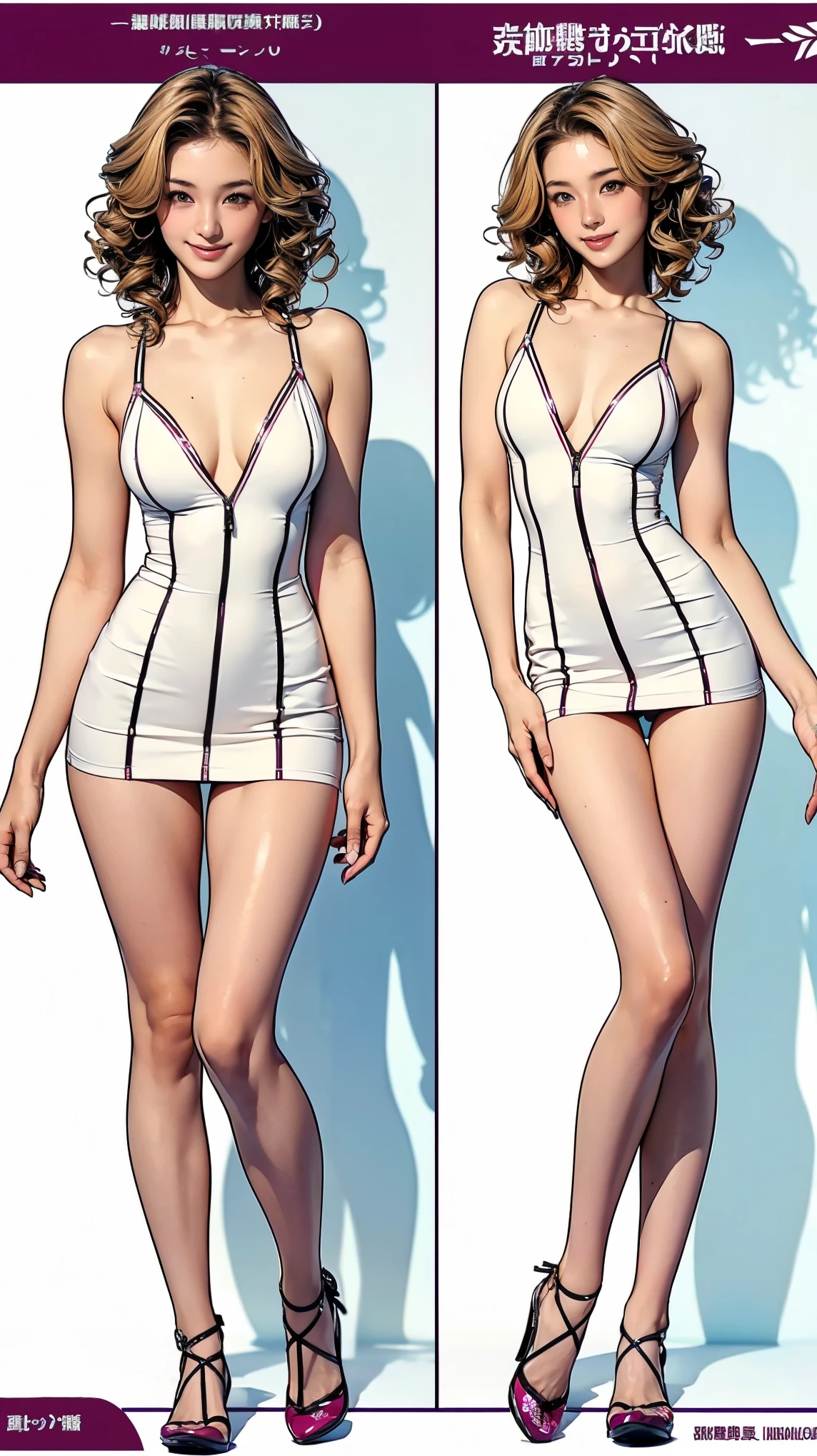 ((masterpiece)),(((Highest quality))),((Character design sheet)),Thin thighs,Long legs,(A very cute 20 year old young woman from Japan.), ((Fine hair that is somewhere between brown and blonde)), ((Short hair with messy side waves)),(((Slim and slender figure))),Medium bust size、Small breasts、 (((Clean your hands))),(curly/Twisted Hair),(((A very kind smile))), (((She's wearing random colored lacy panties))),(((She's wearing a random color bra))) ((Highest quality, 16km race, Flying debris: 1.3)), The light shines on your face, Highly detailed face, Highly detailed lips, Beautiful Eyes,