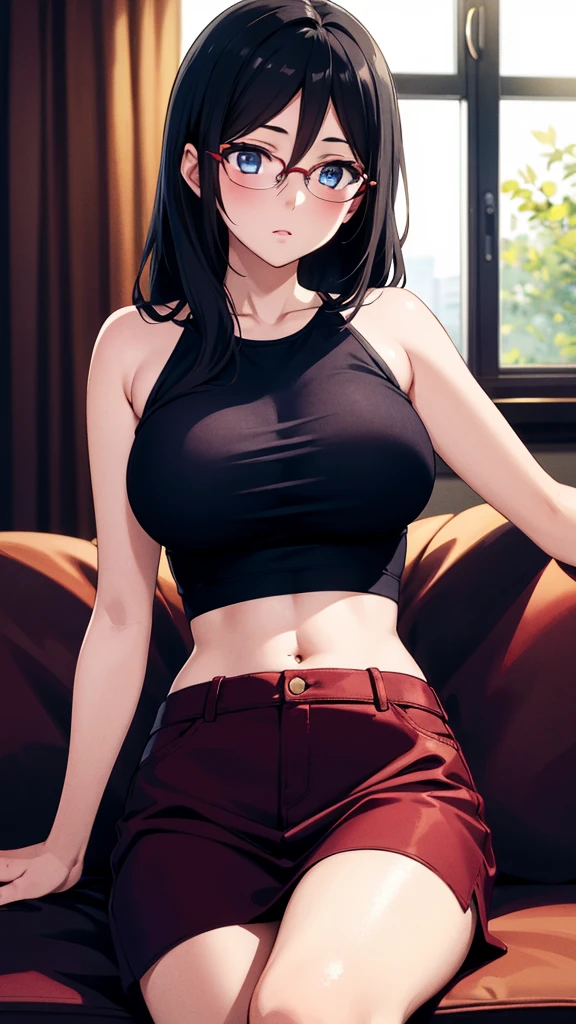 ((best quality)),((highly detailed)),masterpiece,absurdres,detailed face,beautiful face,(detailed eyes, deep eyes),1girl,((Sitting on a sofa)), Asuka, kitauji high , solo, glasses, black hair, , long hair, blue eyes, red-framed eyewear, looking at viewer, blush, over-rim eyewear, window, semi-rimless eyewear, cowboy shot, show natural big breast, show clavage, big thigh, only wearing black short croptop, hair between eyes, expressionless, indoors