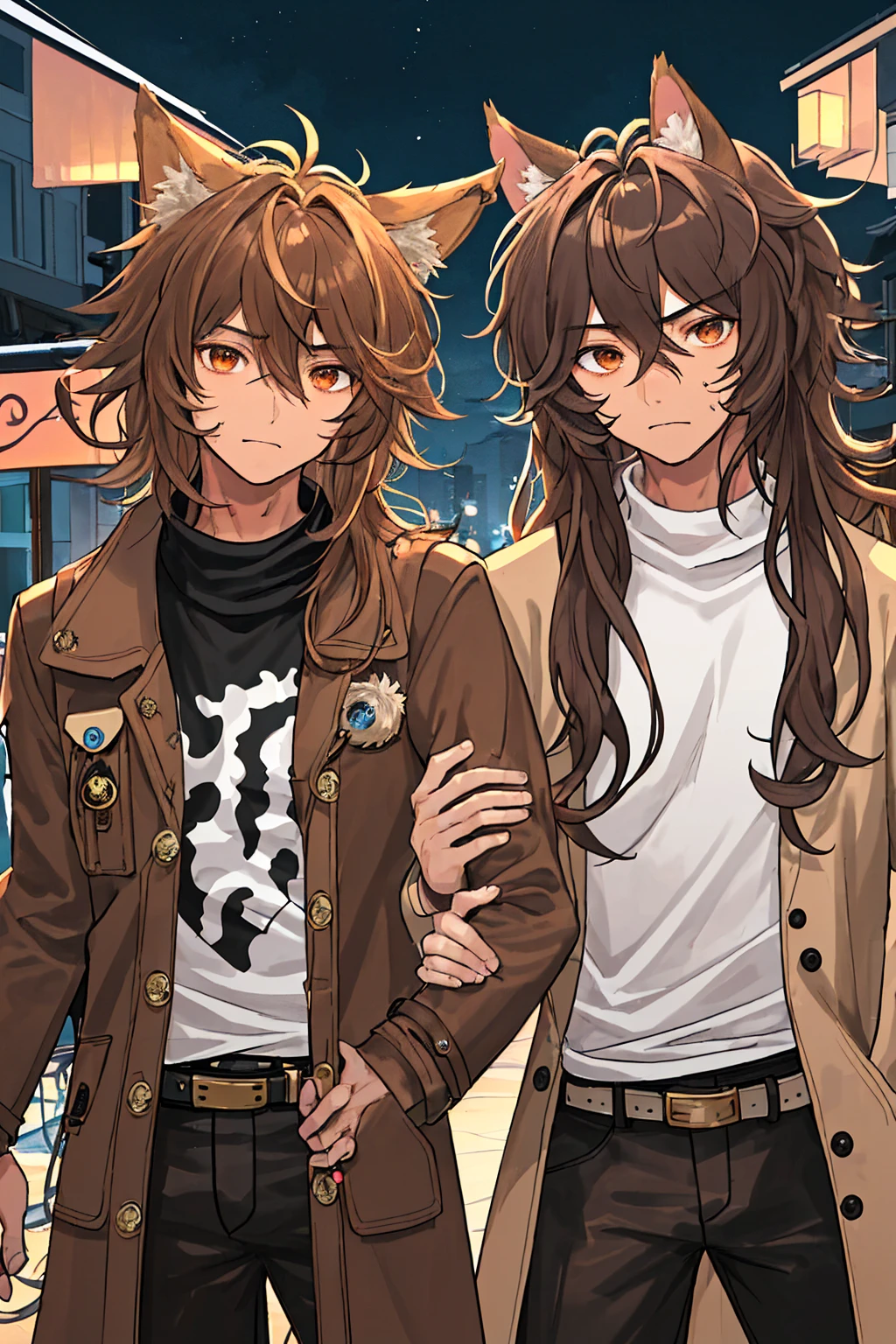male, wavy hair in a messy shaggy style, brown hair, attractive and masculine features, muscular body, tanned skin, penetrating amber eyes, add dog ears to top of ear, stern face, good quality, good resolution, wearing a brown coat with some seam marks of unusual colors, open and long coat, shirt with black turtle neck, black belts, background of a city at night.