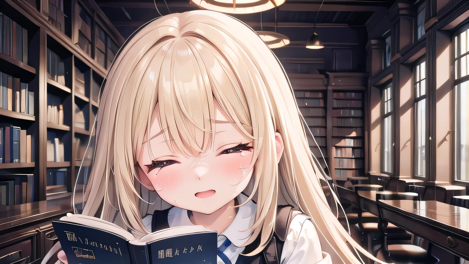 ((Highest quality)), ((masterpiece)), (detailed), One girl,  library、Reading a book、Close your eyes, cry and laugh、blonde、Smooth Hair、