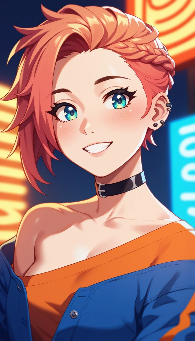 An awe-inspiring artistic portrait of a young woman with striking, unconventional hair, exuding an edgy and captivating aura. Her hair is a vibrant mix of colors and textures, ranging from bold blues and purples to fiery oranges and electric greens, cascading effortlessly around her face. The background complements her style with urban graffiti and neon lights, creating an atmosphere of freedom and urban chic. The artwork employs a blend of digital illustration techniques, emphasizing depth and style."