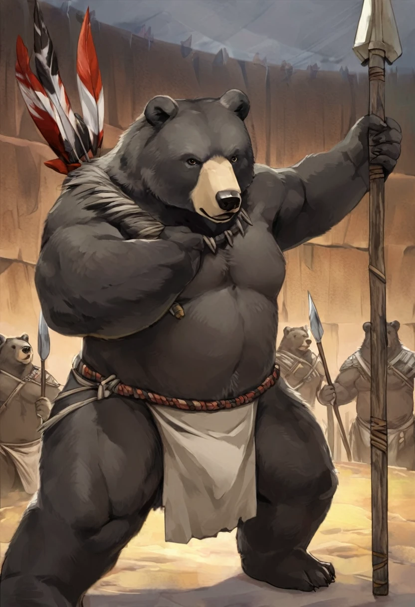 Black Bear,personification,strong,uncle,Original costume,Helmet cloth,warrior,Standing guard,Standing in front of the audience,Looking at the audience,Primitive tribal background(1.2)。