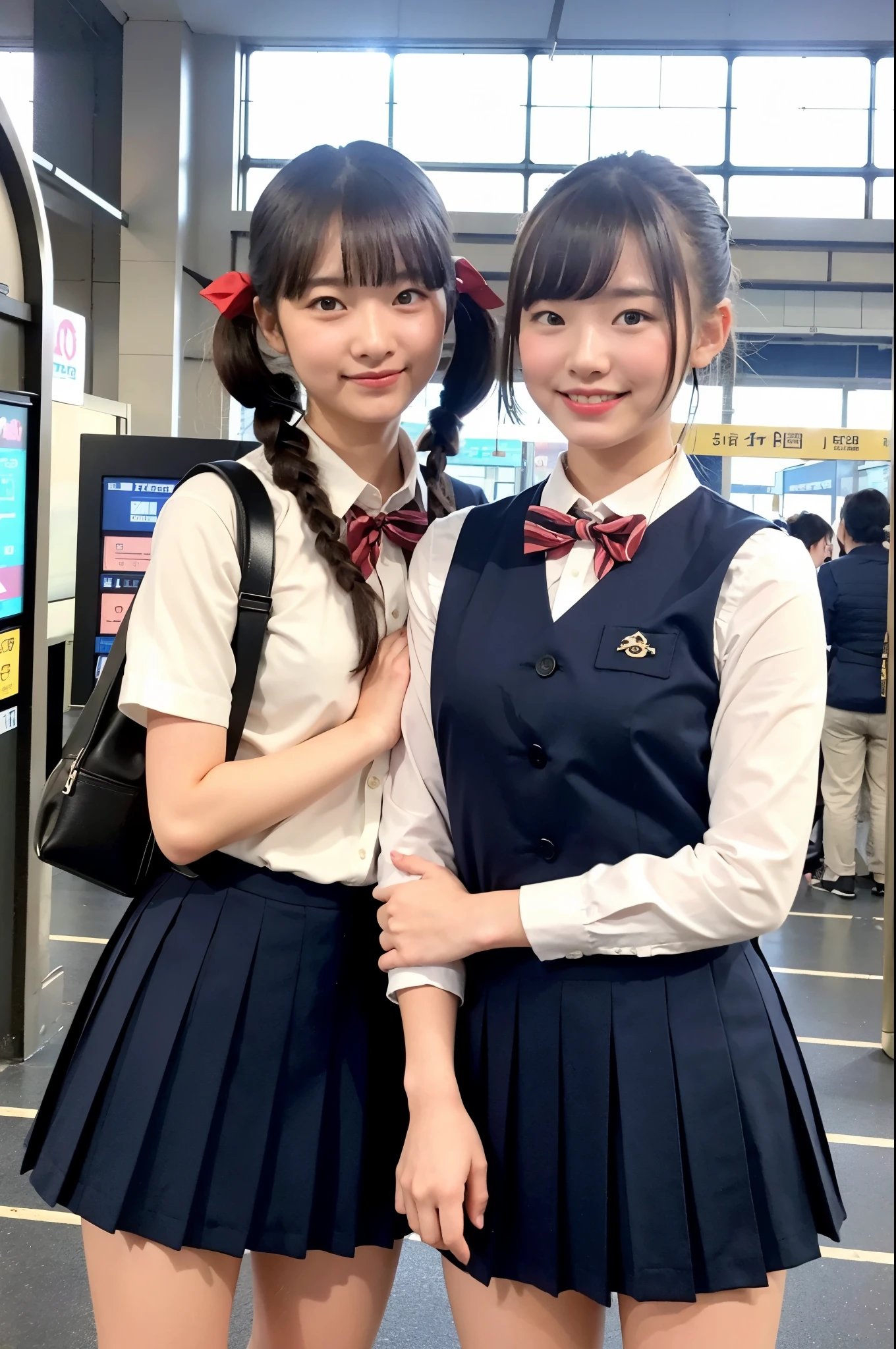 2 girls standing in Japanese railway station,navy blue vest over white shirt,navy blue pleated micro mini skirt,red bow tie,hands on crotch,spreading legs apart,18-year-old,bangs,a little smile,thighs,knees,short hair with low pigtails,from before,front light