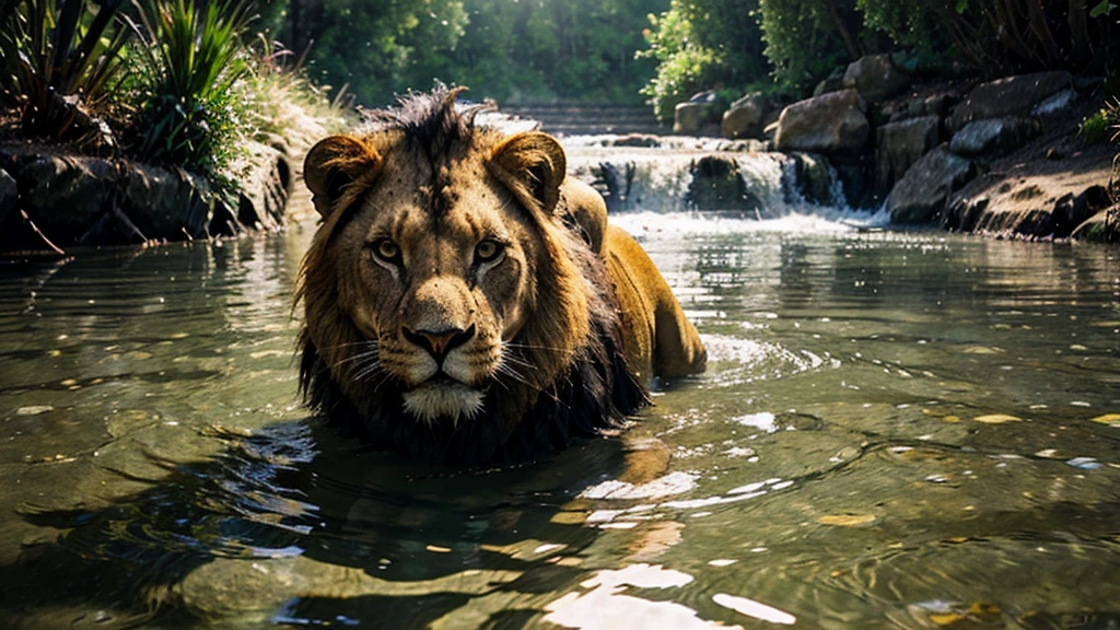 COVER FOR A MUSIC ALBUM TITLE SUBMERGED A LION IMMERSED IN WATER