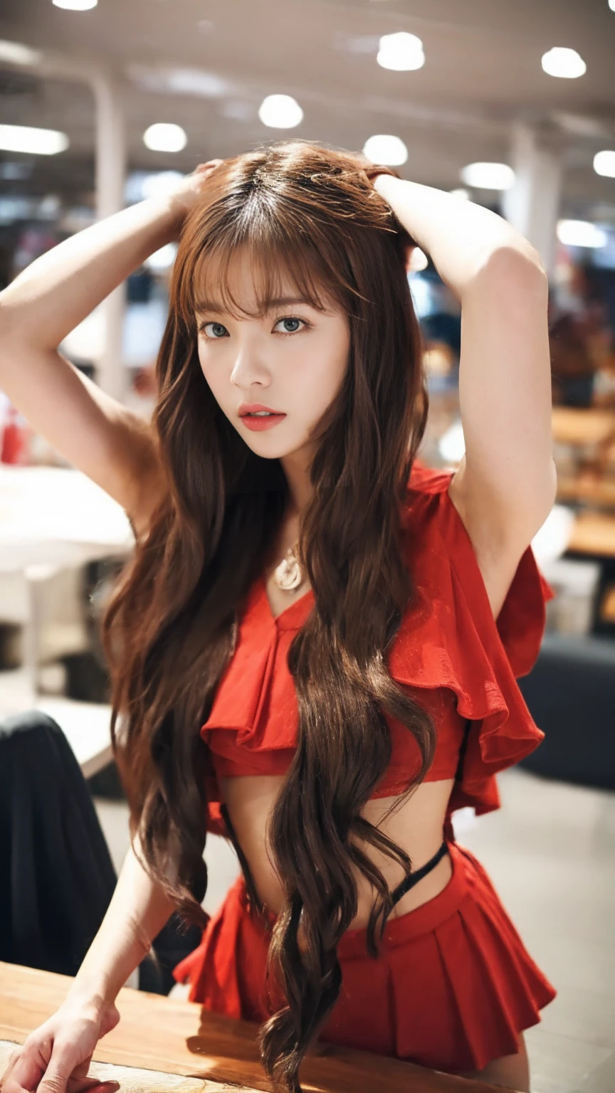 (Tabletop.Highest quality:1.3)、One Girl、Brown long hair、Horse-eared girl、Brown horse tail、Red clothes、Red Skirt、Hair fluttering、Brush your hair up、