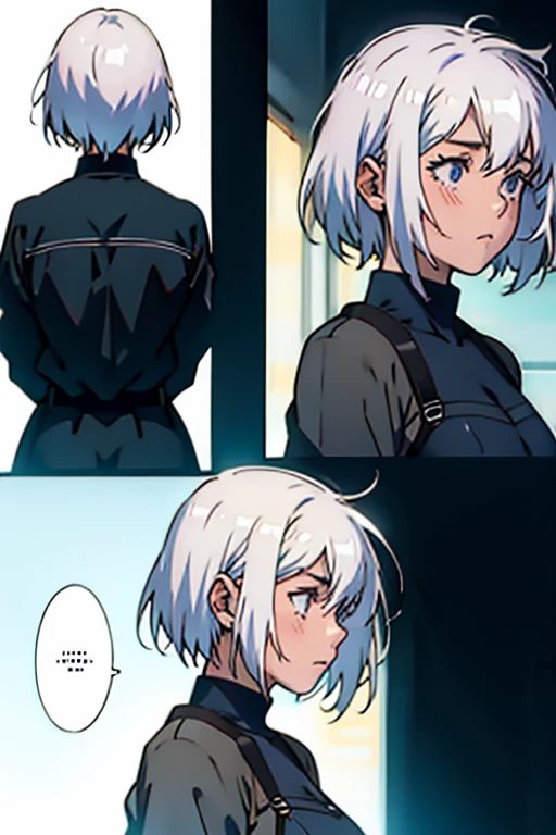 Girl with short white hair small, sad, manga page with panels and dialogue