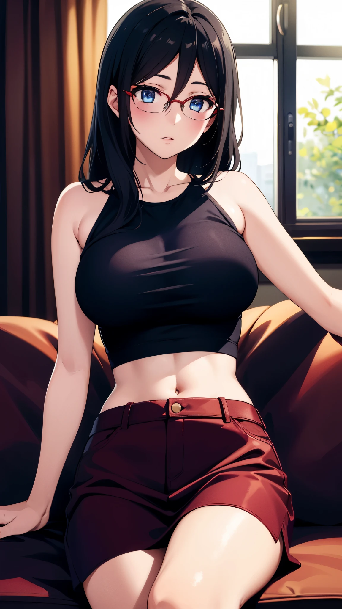 ((best quality)),((highly detailed)),masterpiece,absurdres,detailed face,beautiful face,(detailed eyes, deep eyes),1girl,((Sitting on a sofa)), Asuka, kitauji high , solo, glasses, black hair, , long hair, blue eyes, red-framed eyewear, looking at viewer, blush, over-rim eyewear, window, semi-rimless eyewear, cowboy shot, show natural big breast, show clavage, big thigh, only wearing black short croptop, hair between eyes, expressionless, indoors