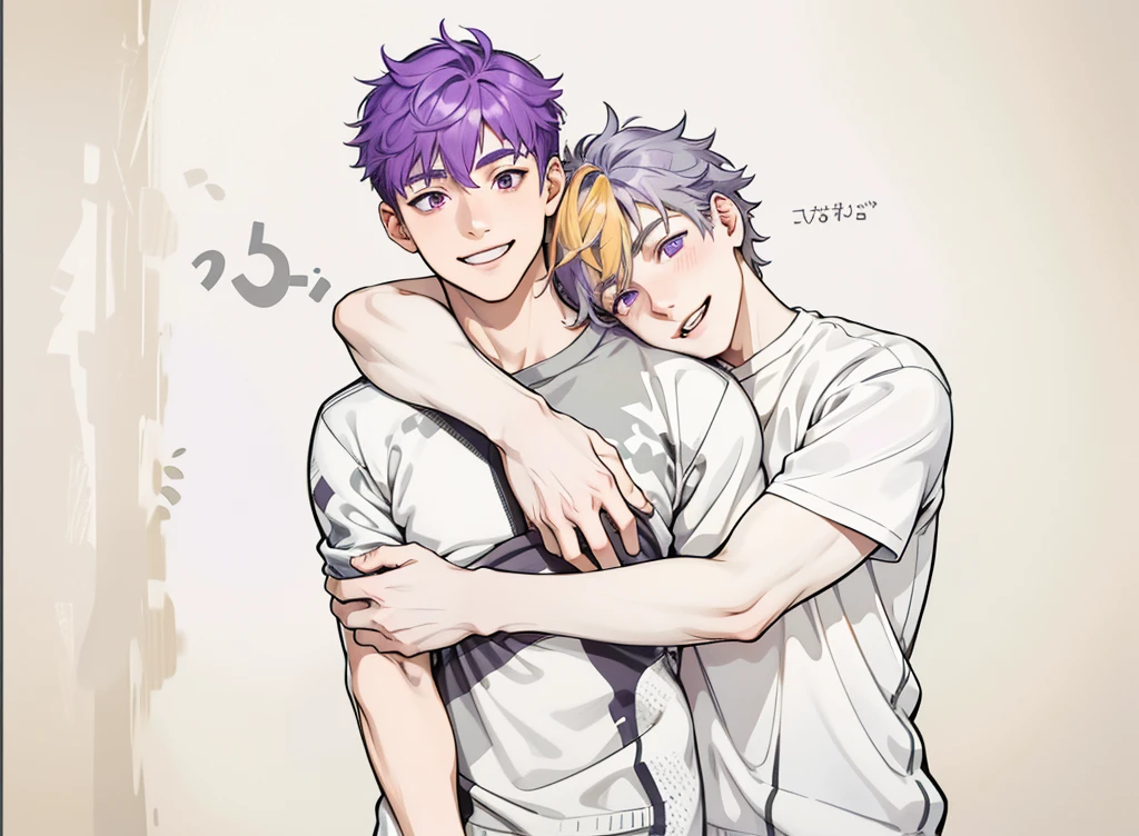There are two 16-year-old male boys with purple hair and gray hair., purple eyes and gray eyes hug him and smile lovingly