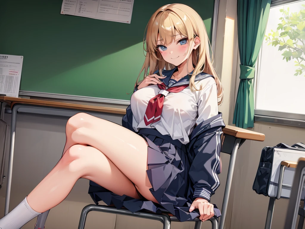 high school girl、Dressed in high 、School classroom、(Big Breasts)、((独奏))、(((alone)))、smirk,Cheek resting on hand、Crossing legs