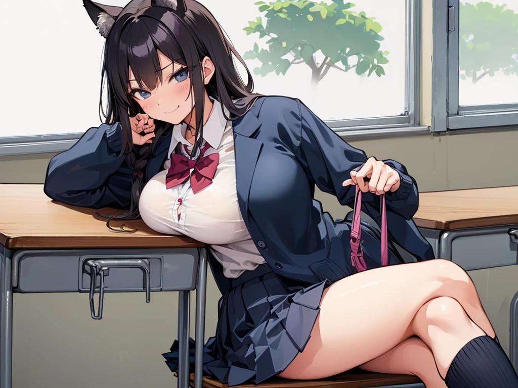 high school girl、Dressed in high 、School classroom、(Big Breasts)、((独奏))、(((alone)))、smirk,Cheek resting on hand、Crossing legs